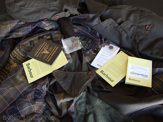 Barbour X To Ki To Commander jacket spare buttons, a gold green Barbour pin, warranty and service cards