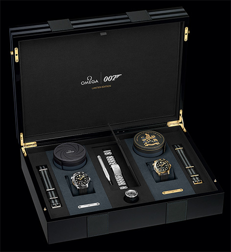 Omega Limited Edition OHMSS case with two Seamaster Diver 300M watches gold