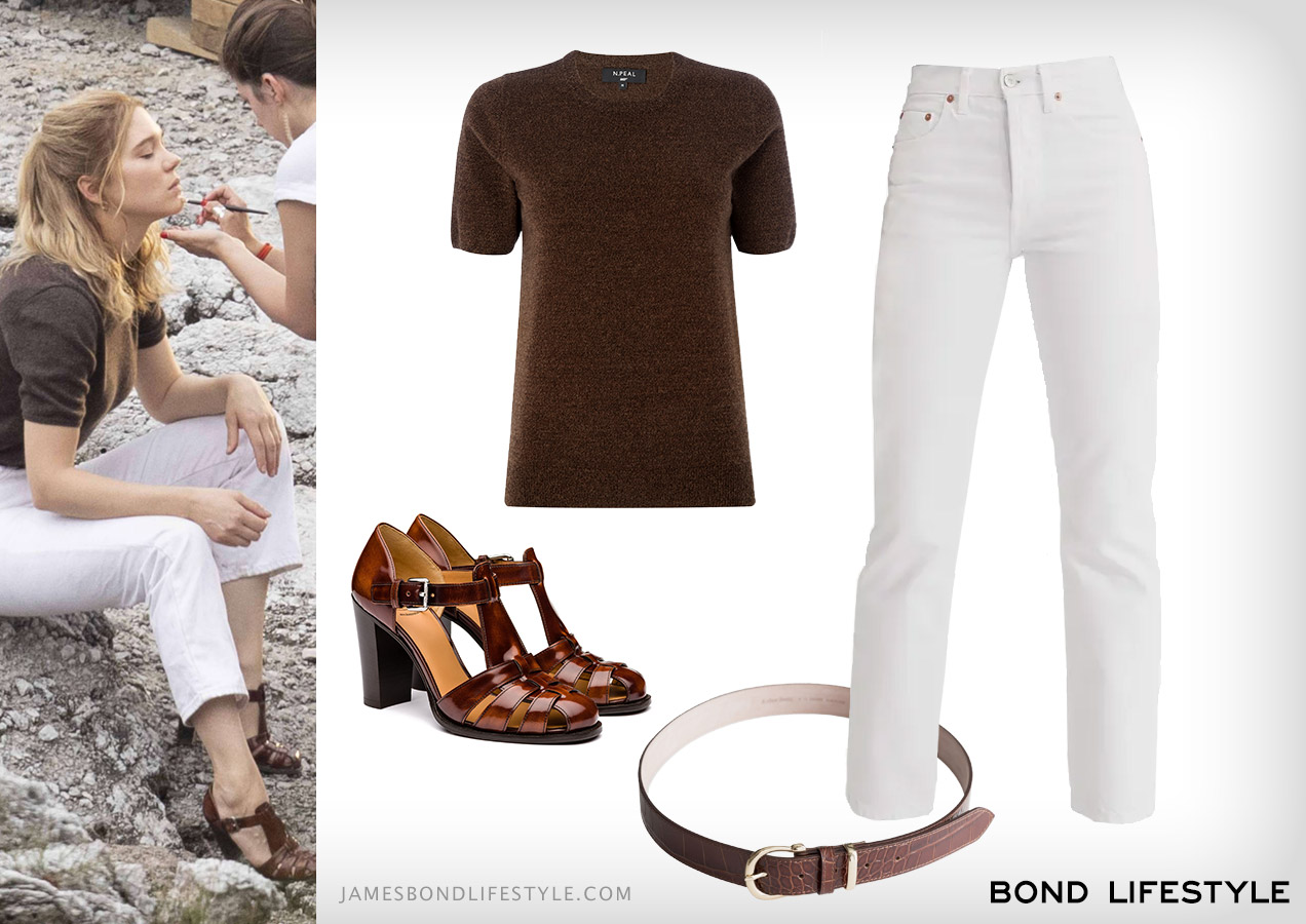Lea Seydoux Madeleine Swann No Time To Die white jeans brown shirt outfit