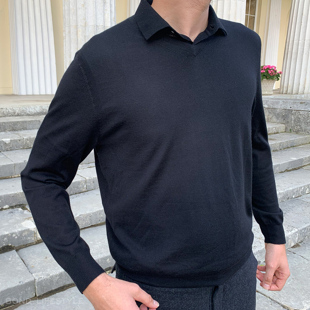 black polo v neck sweater