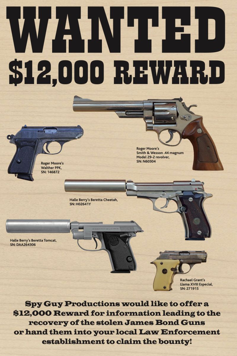 wanted james bond guns weapons 12000 dollar reward poster