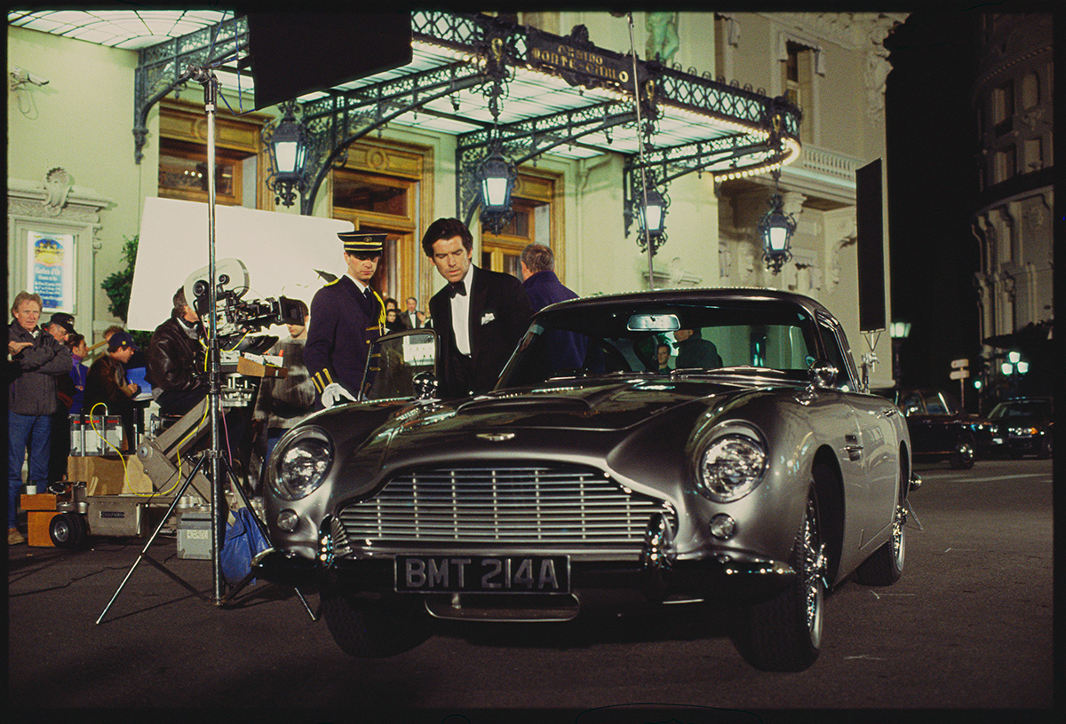 Behind the scenes: Pierce Brosnan as James Bond and his Aston martin DB5 at the Casino de Monte Carlo