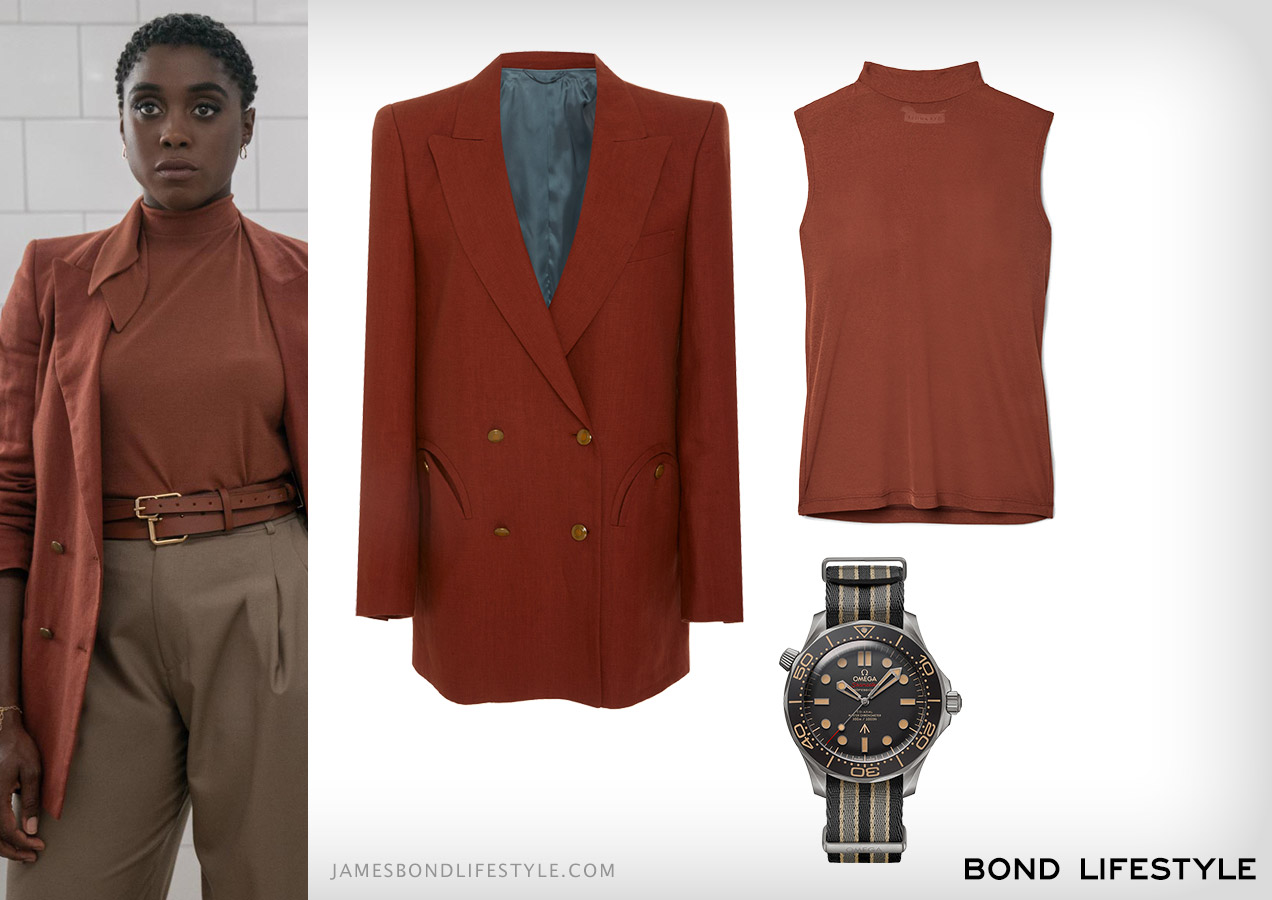 Lashana Lynch Nomi No Time To Die MI6 orange brown outfit shirt blazer