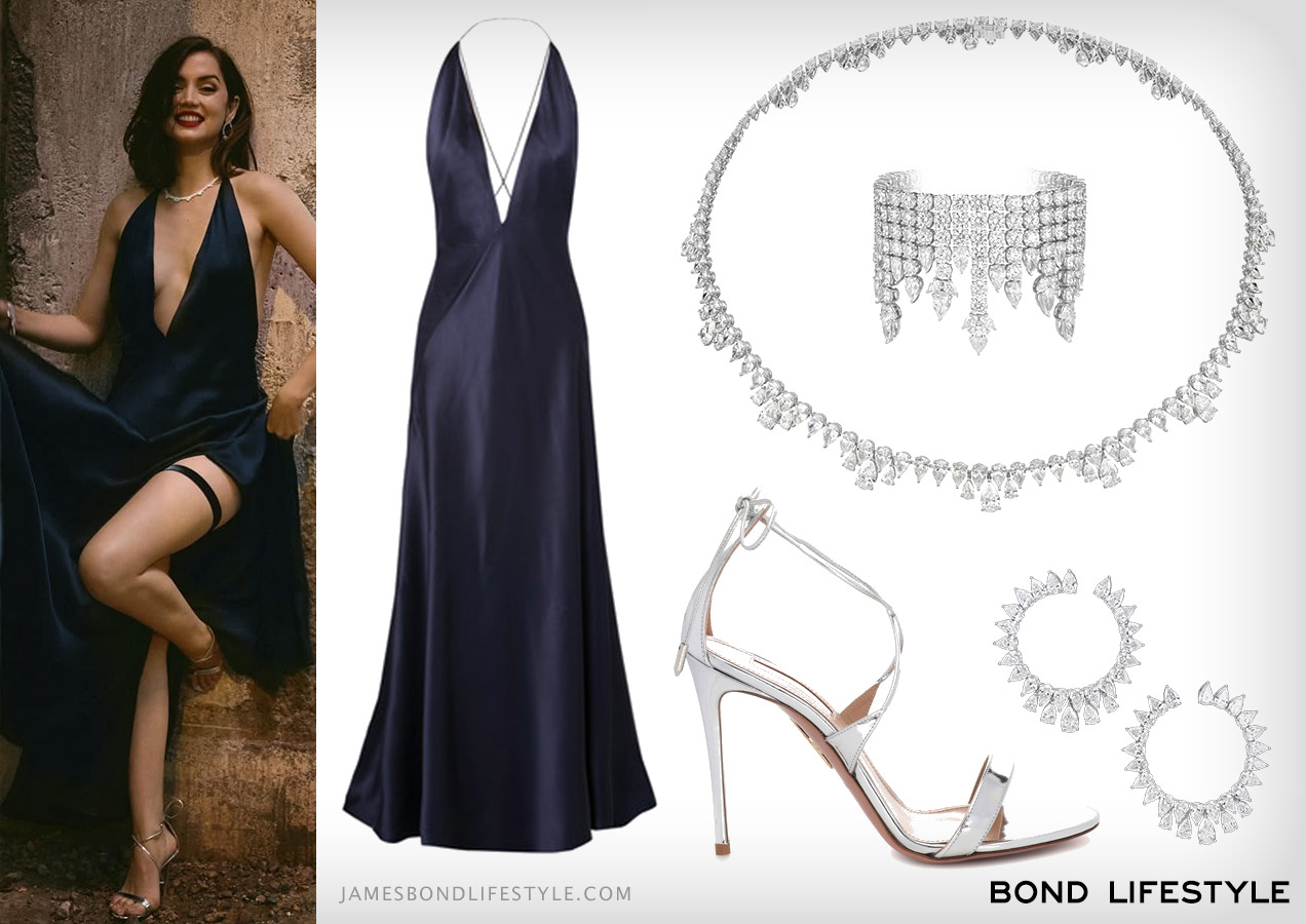 Ana de Armas blue dress silver high heel sandals chopard jewellery outfit No Time To Die