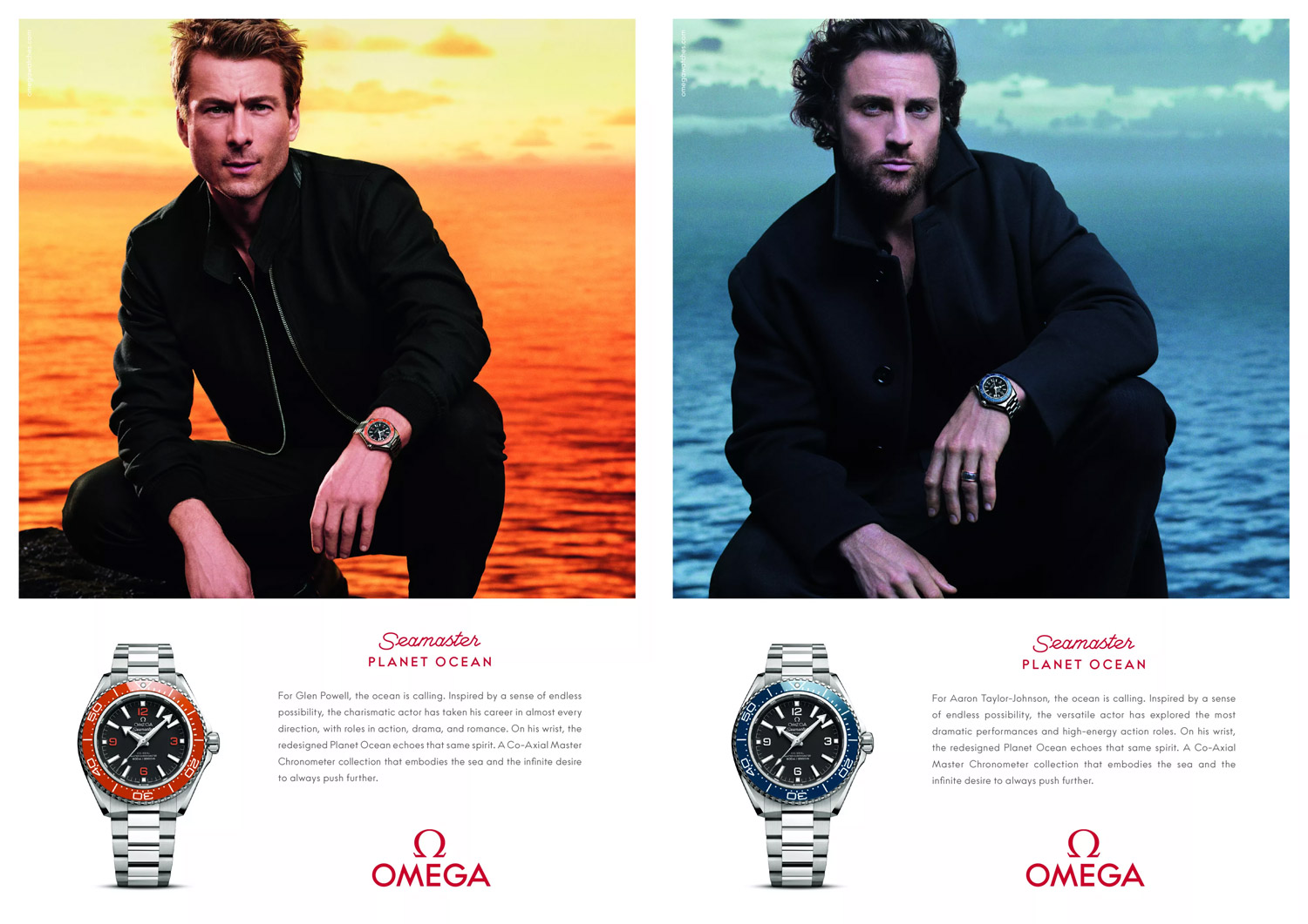 Omega Seamaster Planet Ocean 4th generation ads with Glen Powell Aaron Taylor Johnson