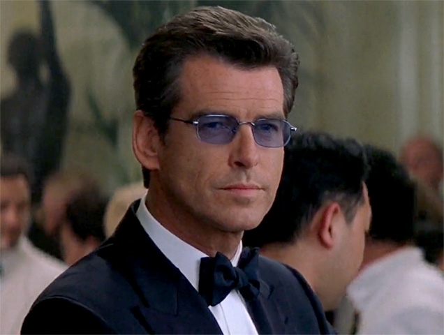 James Bond (Pierce Brosnan) wears a special pair of Q-branch sunglasses with X-Ray features in the casino of Valentin Zukovski in The World Is Not Enough.