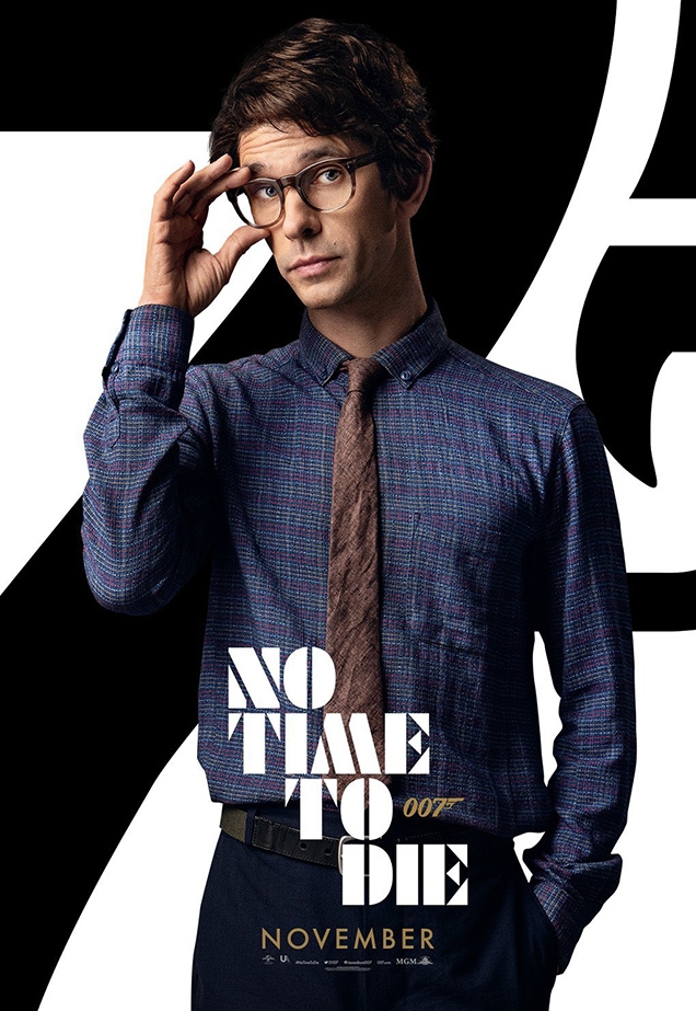 Q wearing the YMC Dean shirt on a character poster for No Time To Die