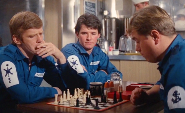 Crew members of the nuclear submarine HMS Ranger play chess in The Spy Who Loved Me.