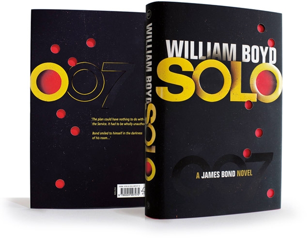 The UK sleeve design of the hardcover version of Solo features 'bullet holes' revealing the red cover of the book