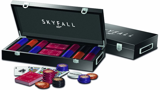 The SkyFall luxury poker set comes in a wooden box, containing 300 professional quality Floating Dragon Macau poker chips and one deck of cards, as seen in the film SkyFall.