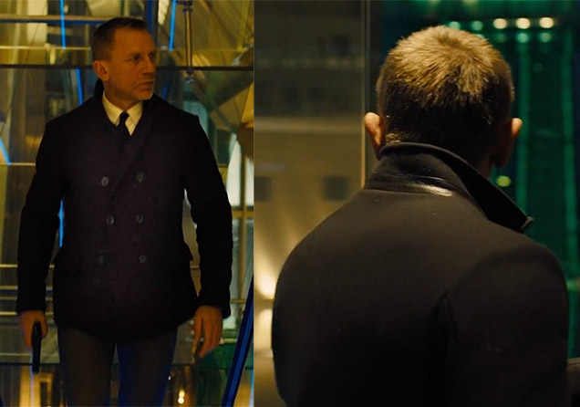 James Bond in Shanghai, wearing the Billy Reid peacoat. The leather detail on the collar can clearly be spotted.
