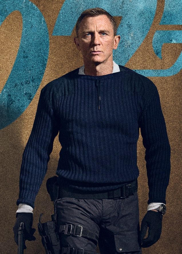 Daniel Craig as James Bond on a poster for No Time To Die, wearing the commando outfit including the N.Peal sweater