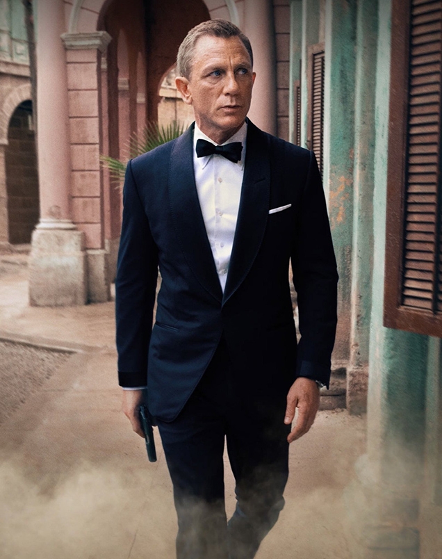 James Bond wearing a Tom Ford Atticus Tuxedo in a No Time To Die promotional photo