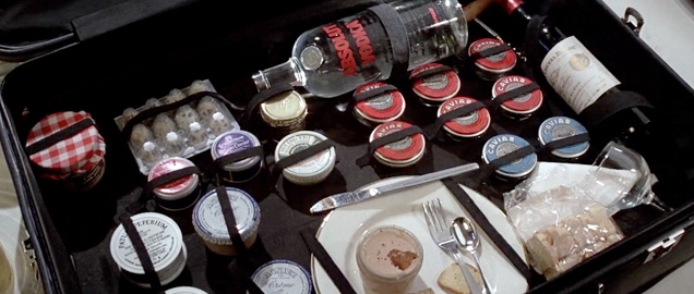 Bond's suitcase full of delicacies