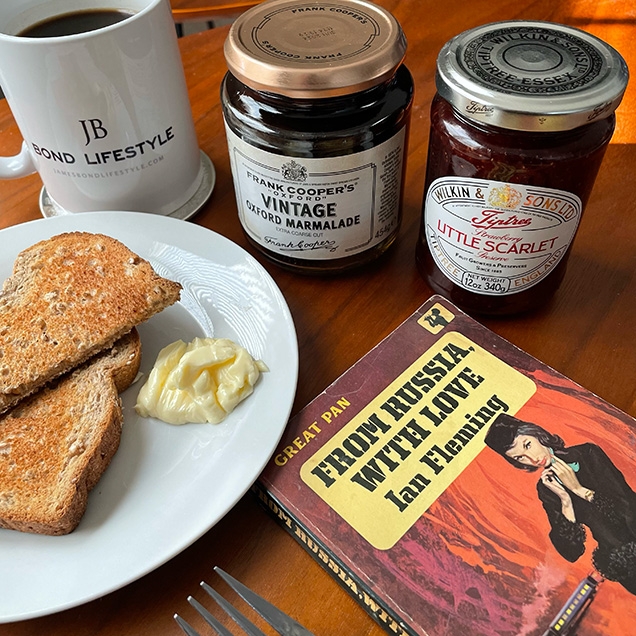 A Bond breakfast with Wilkin & Sons Tiptree Little Scarlet Strawberry Jam and Cooper's Marmelade.