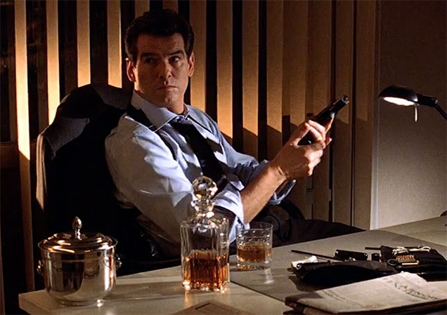 A Cumbria Crystal Helvellyn Double Old Fashioned Tumbler on the desk of James Bond (Pierce Brosnan) in Die Another Day.