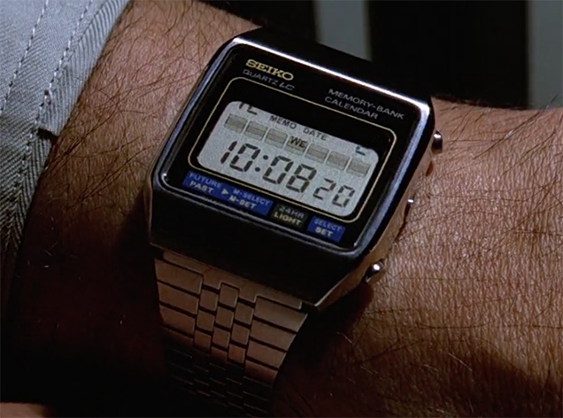 Great close-up of the Seiko M354 Databank watch in Moonraker, on James Bond's wrist