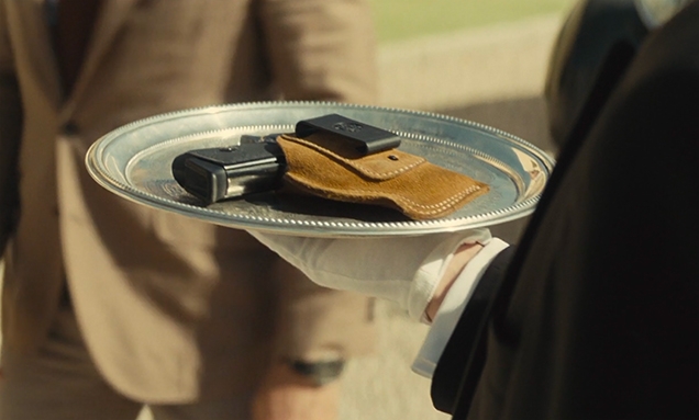 Great close up of the Vega holster in SPECTRE, when Bond has to hand in his Walther PPK before entering Blofeld' compound.