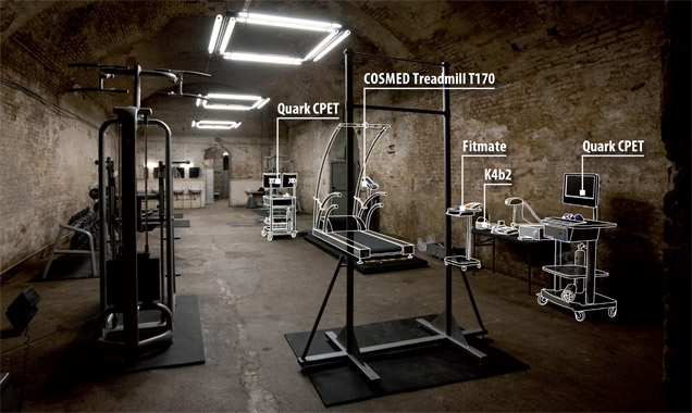 Behind the scenes photo of Cosmed fitness equipment on the SkyFall set.