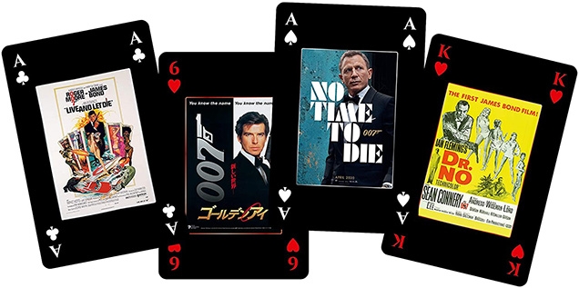 Waddingtons Number 1 007 Playing Cards feature black cards and James Bond movie posters