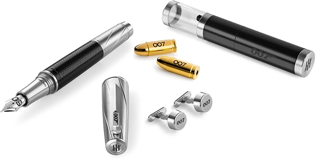 Montegrappa James Bond 007 Spymaster Duo Fountain Pen with hidden cufflinks and gold bullet ink cartridges