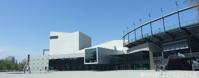 The futuristic front of the building area where the action takes place