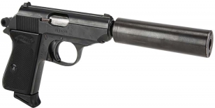 A Walther PPK with silencer, used by Pierce Brosnan as James Bond in GoldenEye.