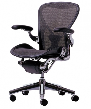 Herman Miller Aeron chair with polished aluminum base with graphite frame, grey black tuxedo weave seat and back, adjustable arms, black leather arms pads, and v-shaped PostureFit lumbar support kit