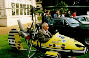 Creator and pilot Ken Wallis in the Little Nellie, which was used in the James Bond movie You Only Live Twice, at an event at Pinewood Studios, UK.
