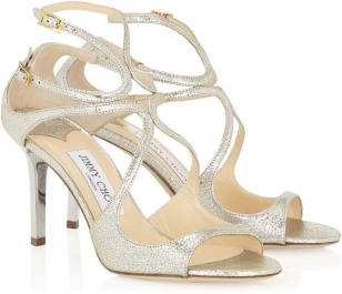 Jimmy Choo Ivette Champagne Glitter Strappy Sandals, worn with the Ghost Salma dress