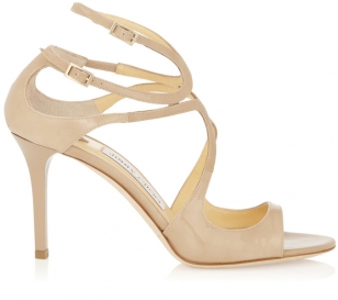 Jimmy Choo Ivette Nude Patent Leather Strappy Sandals, worn with the Lover Venus Dress