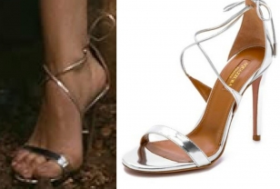 Compare the movie shoes (left) with the Aquazurra Linda 105 Silver Leather Ankle Tie High-Heel Sandals.