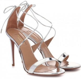 Aquazurra Linda 105 Silver Leather Ankle Tie High-Heel Sandals