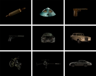 Some of Bond gadgets and cars featured in the art project Birds of the West Indies 
