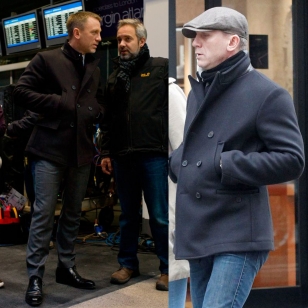 Daniel Craig as Bond on set (left) and Daniel Craig on the street (right) wearing the Billy Reid Navy peacoat