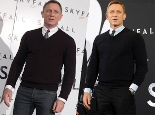 Daniel Craig wearing the black v-neck sweater during SkyFall press calls.