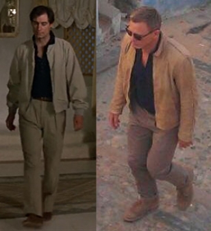 Daniel Craig on the SPECTRE set in Morocco (right). His outfit might be inspired by Timothy Dalton's Morocco outfit in The Living Daylights (left)