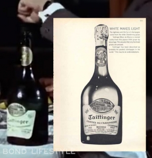 The bottle in the film and a Taittinger ad from 1963 showing a Taittinger 1955 vintage