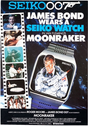 An ad featuring Roger Moore as James Bond in Seiko watch with same case shape but different bracelet as the M354