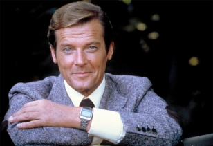 Promotional image featuring Roger Moore and the Seiko M354 digital watch