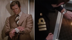 Roger Moore as James Bond checks the time on his Seiko 0674 LC watch in The Spy Who Loved Me