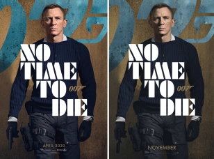 The first character poster (left) featured the PPK, but this was updated to the SIG Sauer in later posters (right)